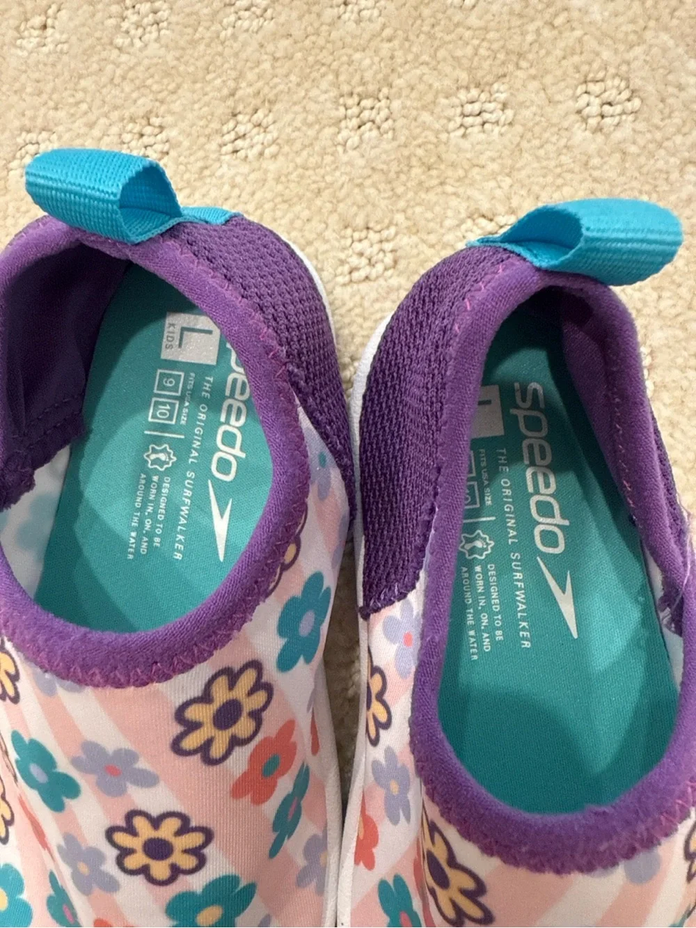 Speedo Kids Floral Surfwalker Water Shoes Size L 9/10 Purple Aqua Beach Pool